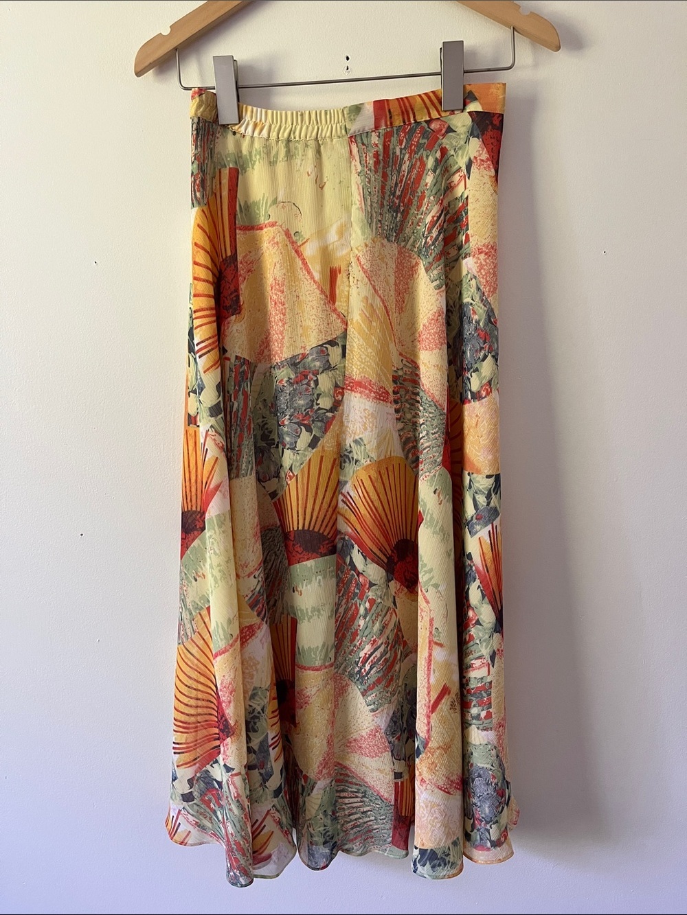 Bohemian Printed Maxi Skirt in Yellow and Orange w/ Japanese fans Size XS